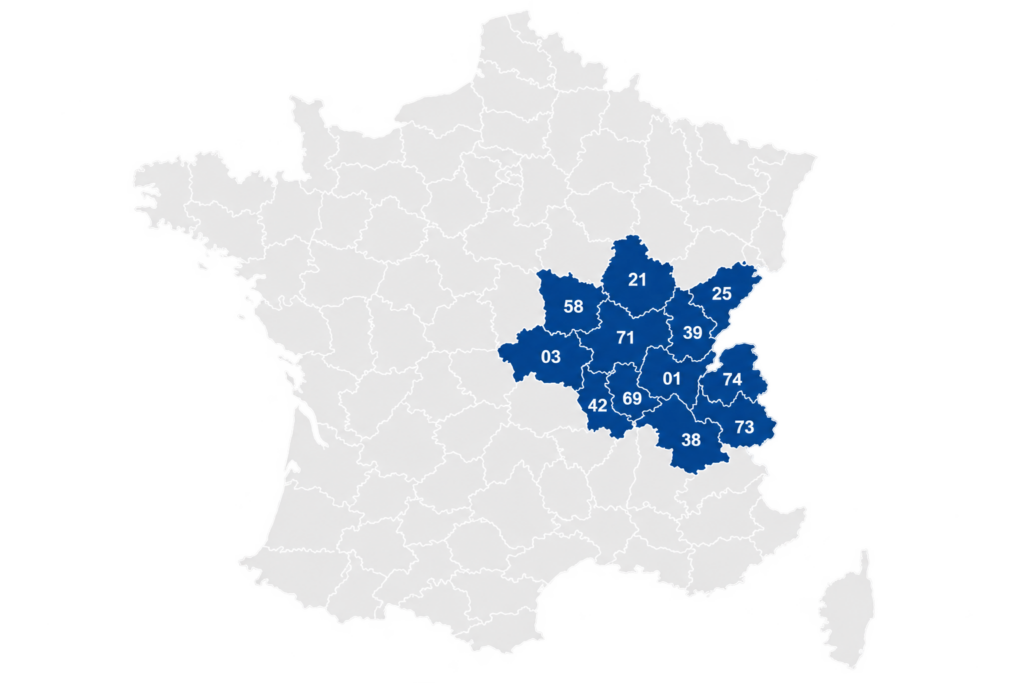 Carte d'intervention de AEKOS  sur la Bourgogne-Franche-Comté et l'Auvergne-Rhône-Alpes
